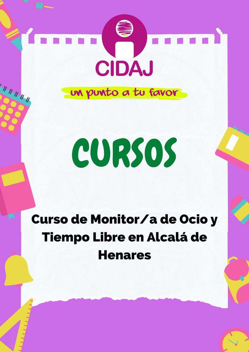 Curso Monitor/a de Tiempo Libre

📅24 de febrero al 5 de mayo de 2024
⏰S y D de 10 a 14 y de 15.30 a 19.30 horas. Salida: 12-14 de abril
📍Alcalá de Henares
Precio: 360€ Incluye: material, seguros, alojamiento y pensión completa en la salida.

👉comunidad.madrid/centros/escuel…