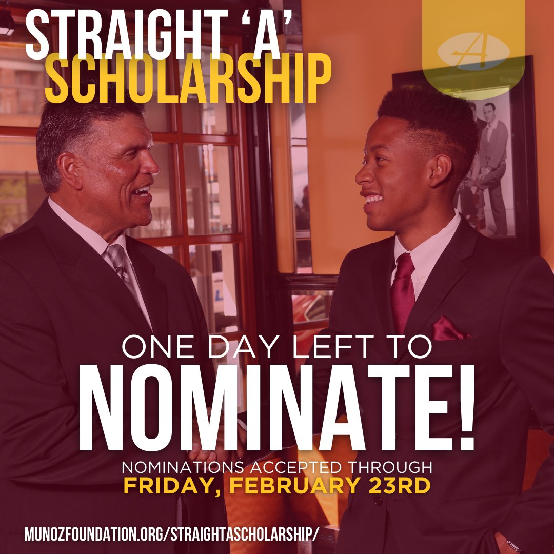 There’s still time to nominate your students for the AMF Straight ‘A’ Scholarship before the deadline tomorrow at 11:59pm. Spend your night being the person to make a difference in the lives of deserving Tri-State Area students. munozfoundation.org/straightaschol…