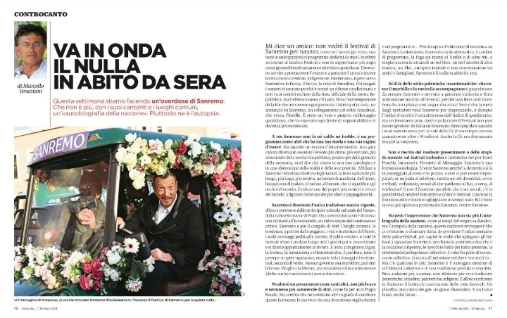 FabioMacera1's tweet photo. Un grande @VenezianiMar ha scritto oggi su @panorama_it le uniche parole serie su quel @SanremoRai che è diventato soltanto ripetitiva melassa radical chic.
Oltre al brutto anche il ridicolo: @amadeus e @mengonimarco a cantare bella ciao e a definirsi, ohibò!, antifascisti (sic!) https://t.co/Tm3iMRDxga