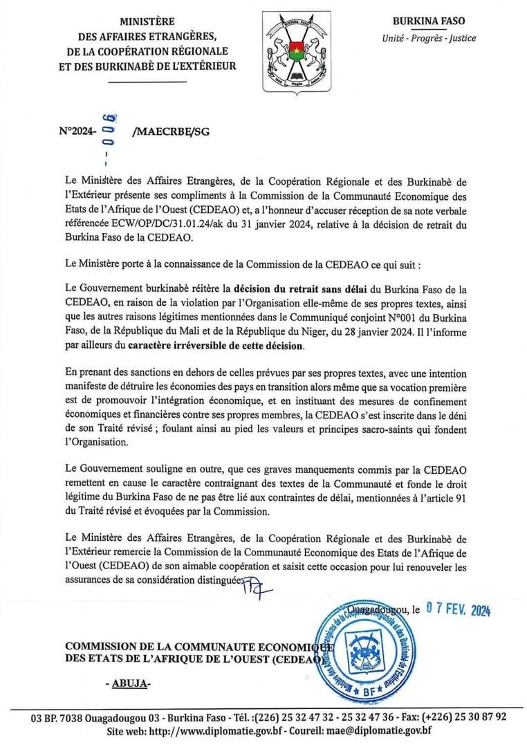 Burkina Faso réitère son retrait irréversible de la CEDEAO