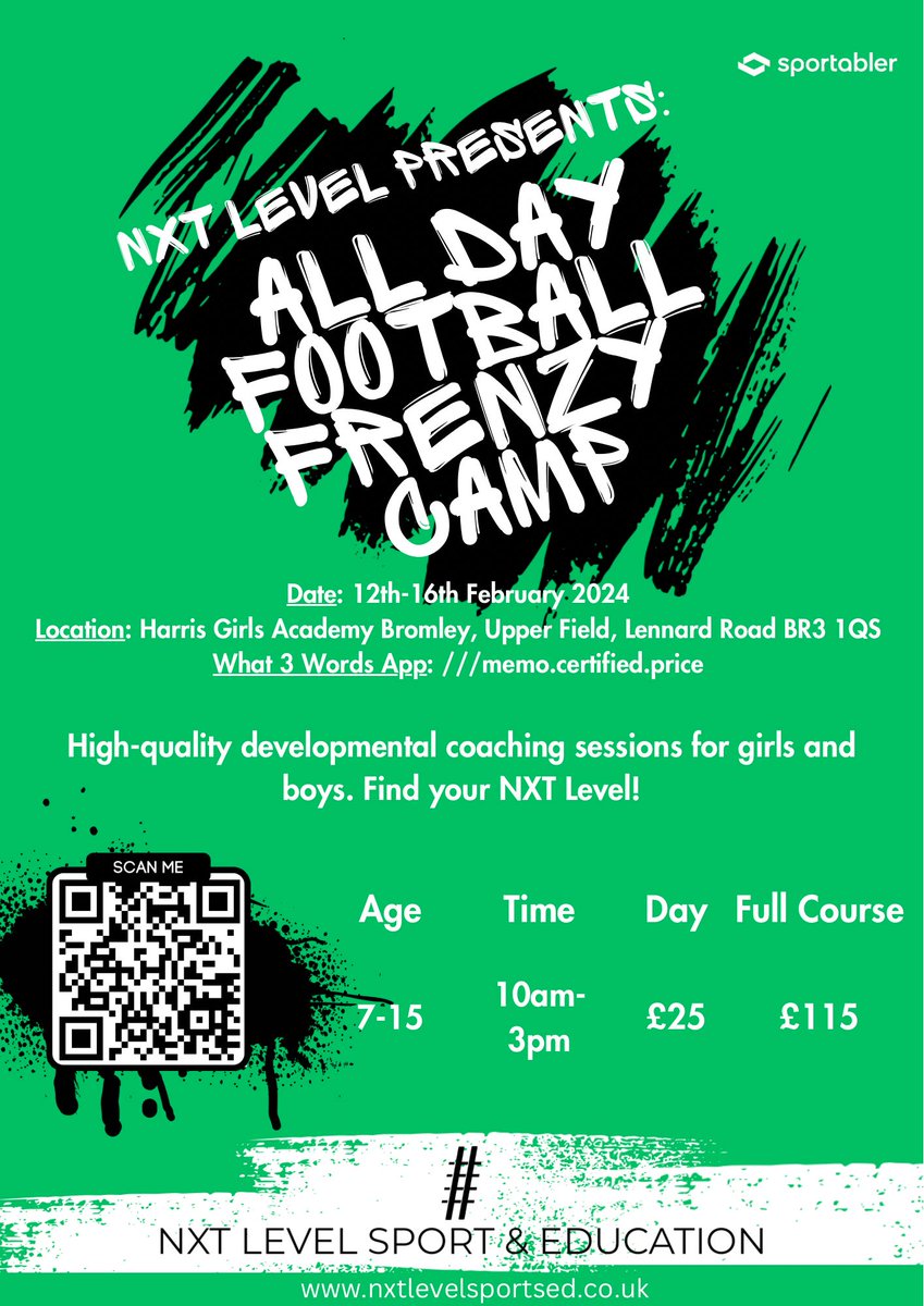 Down to the final spots for our Football Frenzy Half Term camp next week. Get ready for an amazing week packed with fun activities at <a href="/HarrisBromley/">Harris Girls’ Academy Bromley</a>. Scan the QR code or head to abler.io/shop/nxtlse/sp… to book your spot!  For further inquiries: info@nxtlevelsportsed.co.uk ⚽️