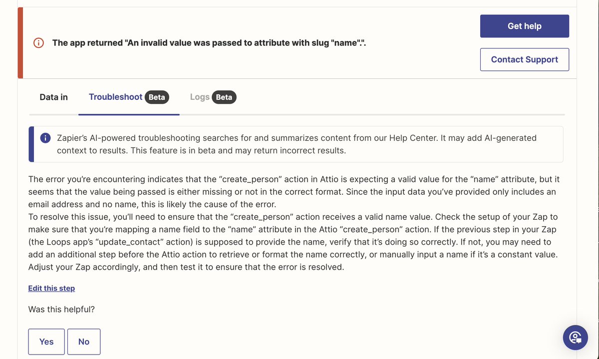 Really awesome example from Zapier of using AI to help users troubleshoot errors. This is a great demo of the power of contextual AI (no prompt required!)