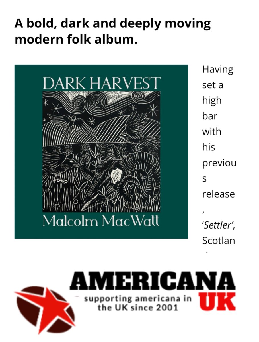 Malcolm MacWatt-latest album 'Dark Harvest' ⭐⭐⭐⭐⭐ (@malcolmmacwatt) on Twitter photo Huge thanks @PaulKBlabber for this #review of 'Dark Harvest' @americanaUK 🙏
👇🏽
americana-uk.com/malcolm-macwat…
#americana #folkmusic #singersongwriter #musicreview #music #rootsmusic #americanamusic #original #NewAlbum #folksinger #songwriter #folk #newmusic #new #scottishartist Huge thanks @PaulKBlabber for this #review of 'Dark Harvest' @americanaUK 🙏
👇🏽
americana-uk.com/malcolm-macwat…
#americana #folkmusic #singersongwriter #musicreview #music #rootsmusic #americanamusic #original #NewAlbum #folksinger #songwriter #folk #newmusic #new #scottishartist