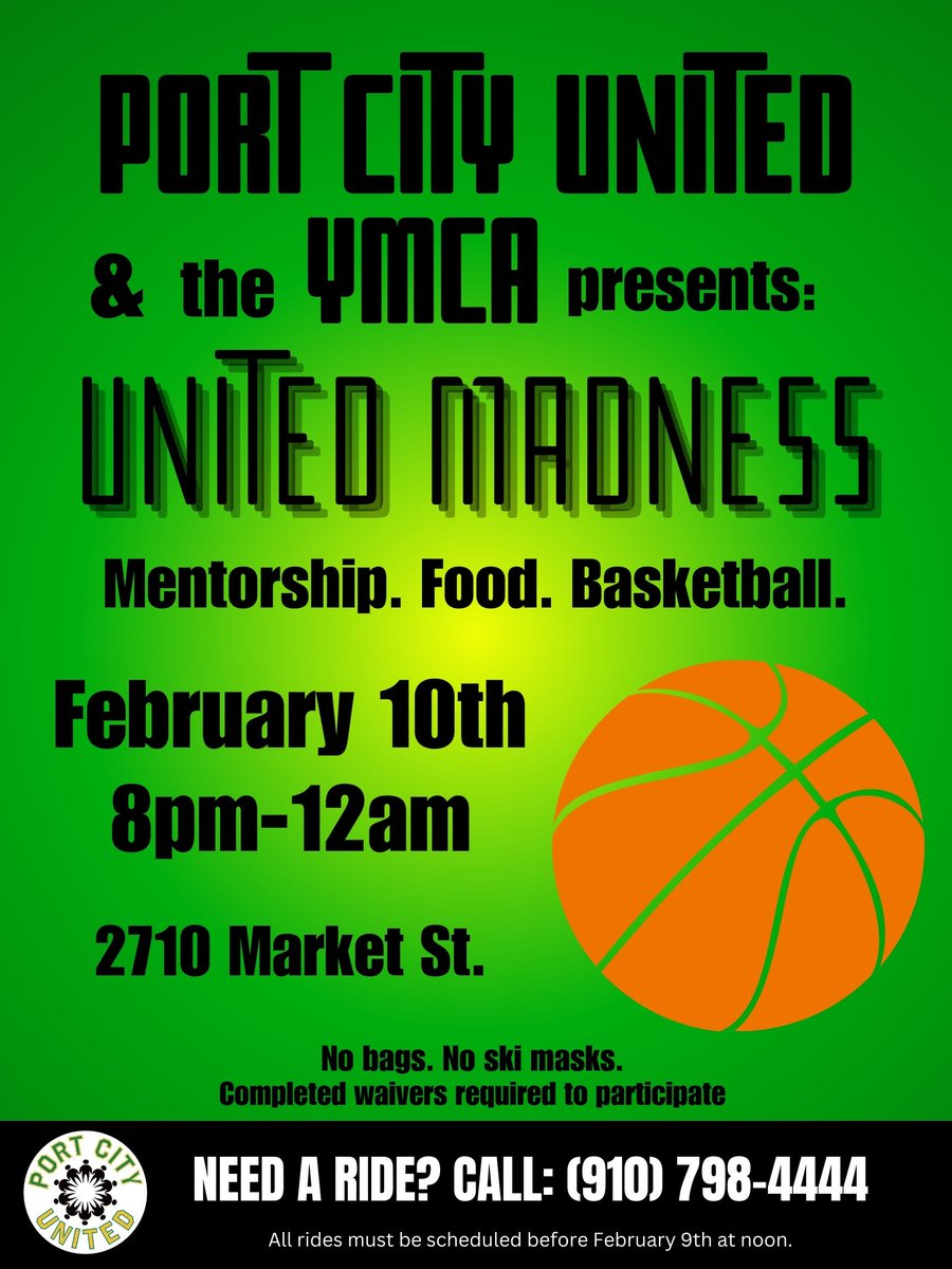 Port City United's United Madness is back again! 

Date: February 10th, 2024
Time: 8pm-12am
Location: 2710 Market St, Wilmington, NC, 28403 Nir Family YMCA
Ages: 12-18

Completed Waivers Required To Participate

nhcgov.com/2555/United-Ma…

#PCUCare #community #basketball