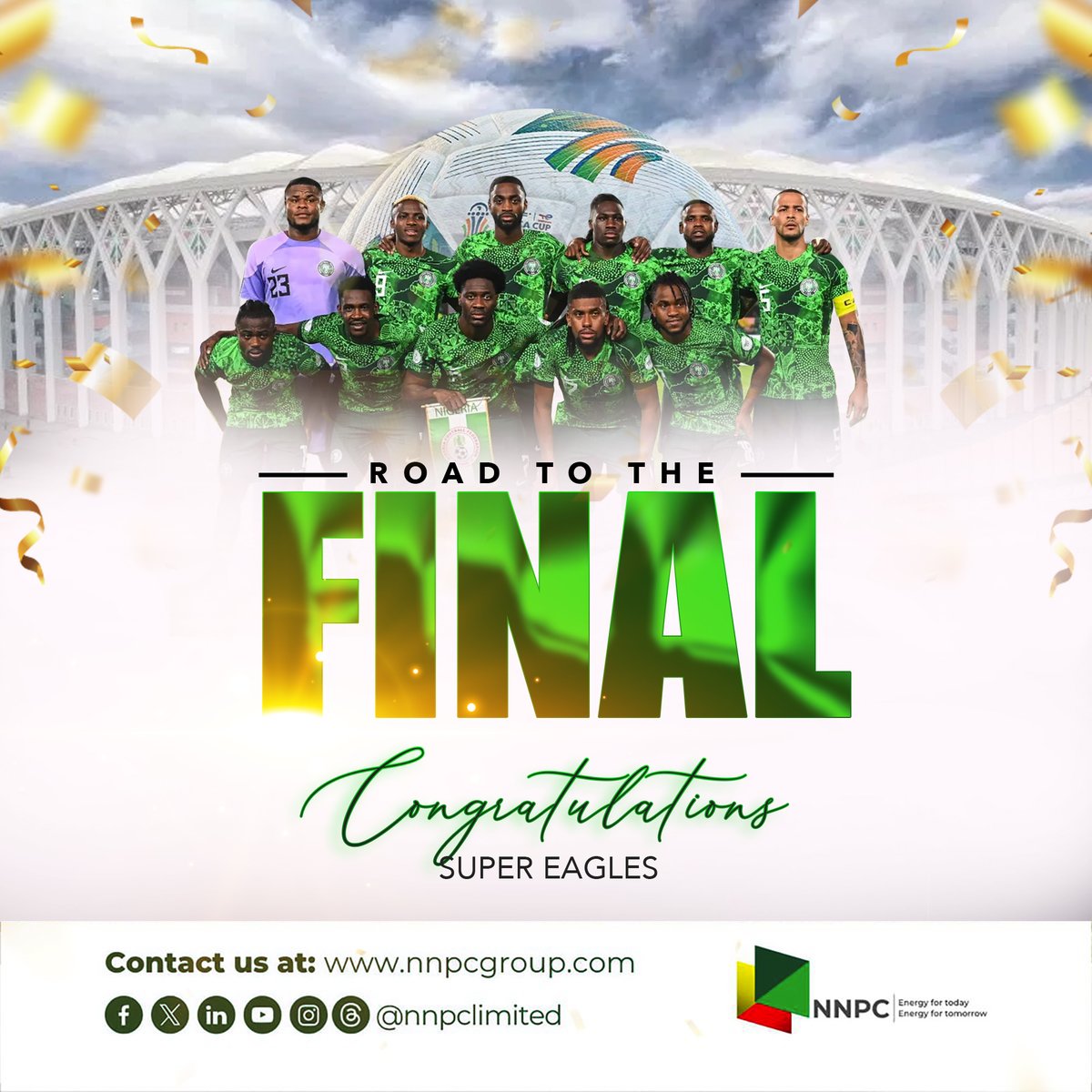 nnpclimited's tweet photo. Into the Finals!

Congratulations, Super Eagles!

Congratulations, Nigeria!

#NGARSA 
#LetsDoItAgain 
#AFCON2023 
#EnergyforToday 
#EnergyforTomorrow