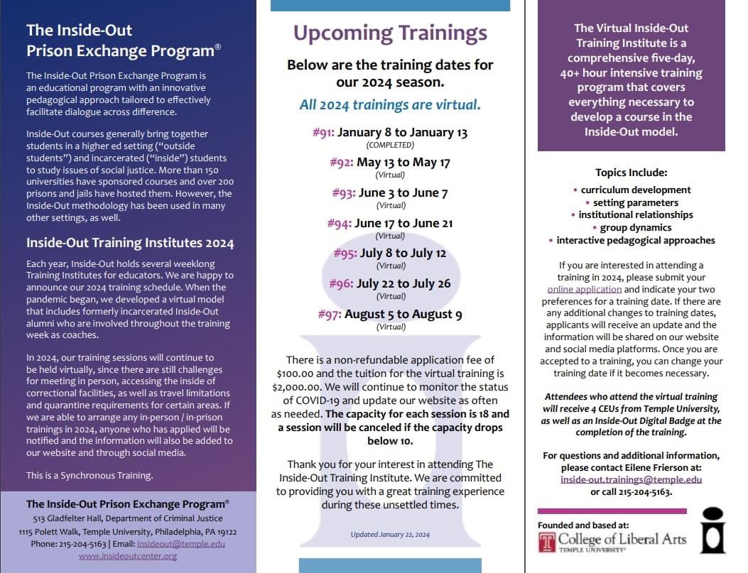 Interested in becoming trained to deliver Inside-Out courses, see the Inside-Out Prison Exchange Program training dates for 2024.

insideoutcenter.org/training.html