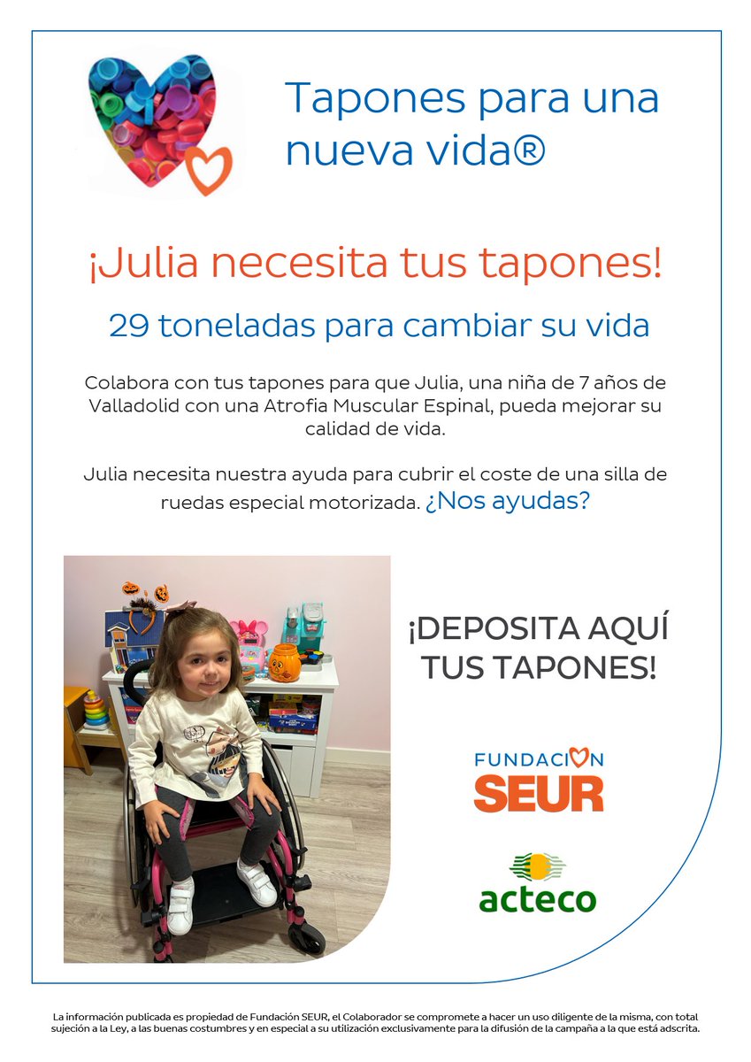 🔎 El nuevo reto de nuestros amigos de la Fundación @SEUR, que tanto ayudan a nuestro proyecto @BicisparalaVida: captar 29 toneladas de tapones para que Julia, una niña de 7 años de Valladolid con atrofia muscular espinal, pueda mejorar su calidad de vida.