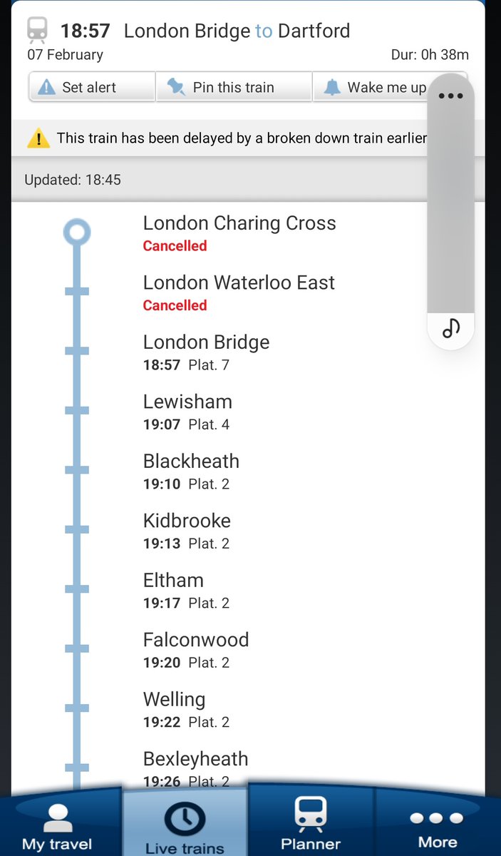 PPaulstephen's tweet photo. @Se_Railway Is the 18:57 to Eltham from Lindon Bridge running ? 
This happened with the 18:36 &amp; it was cancelled as I walked onto the platform at 18:33 https://t.co/61kEIgWbde