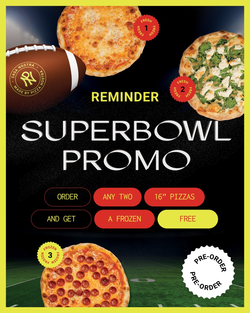 REMINDER! Until February 11th, pre-order your two favorite 16' Casa Nostra fresh pizzas, and we'll throw in a frozen one for FREE! ONLY available for pick-up at the Vaughan Pizzeria. 

📍 51 Jevlan Dr, Unit 5
📲 Call (289) 657-7283 to order!

#SuperBowlPromo #Buy2Get1Free