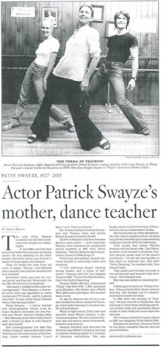 Thinking of my amazing, late Mother-in-law, Patsy, on what would have been her 94th B'day. Her teaching imparted passion &amp; in her 50s/60s she could still out-dance her students. Patrick was "Patsy Swayze's son" growing up. She was so proud when she became "Patrick Swayze's mom!"