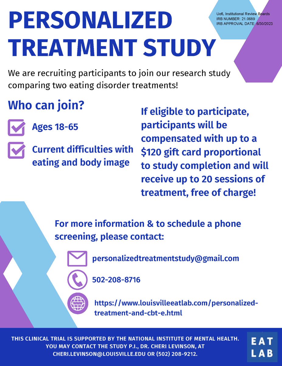 Participate in a PAID study with the EAT Laboratory and join a clinical trial comparing two types of #eatingdisorder treatment! Participants will receive up to 20 sessions of eating disorder treatment with a trained clinician, free of charge!