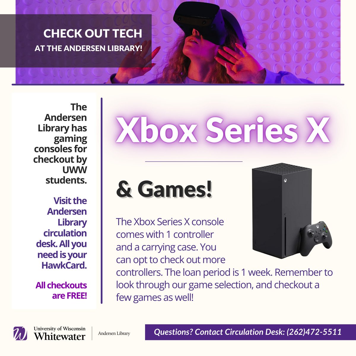 UWW_Library's tweet image. Checkout Tech at the Andersen Library! All you need is your HawkCard. FREE. 

Checkout an Xbox Series X console (comes with 1 controller and a carrying case). The loan period is 1 week. 

Remember to look through our game selection and checkout a few games as well!