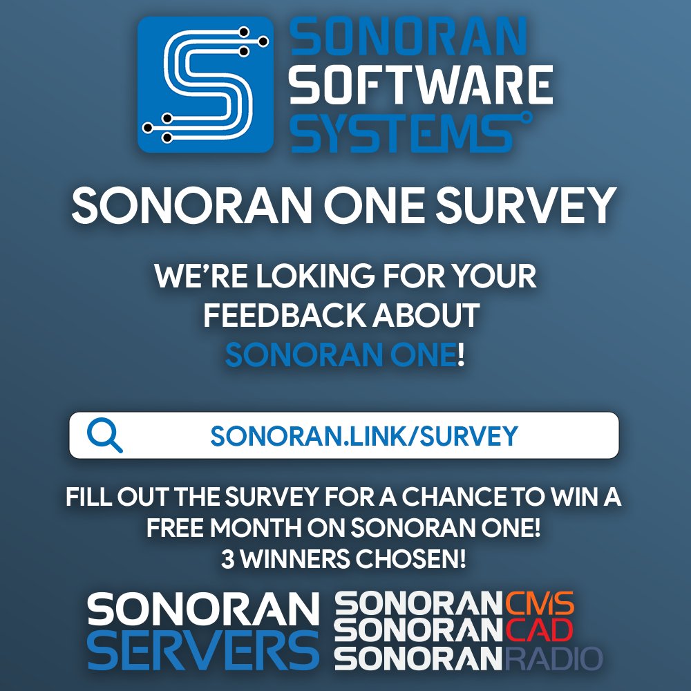 We're looking for your feedback!

Whether you're an active or former #SonoranOne subscriber, or have never subscribed, you can win!

Take out 5-minute survey for an entry to win a FREE month on Sonoran One!

#SonoranSoftware #SonoranCAD #SonoranServers #SonoranRadio #Survey