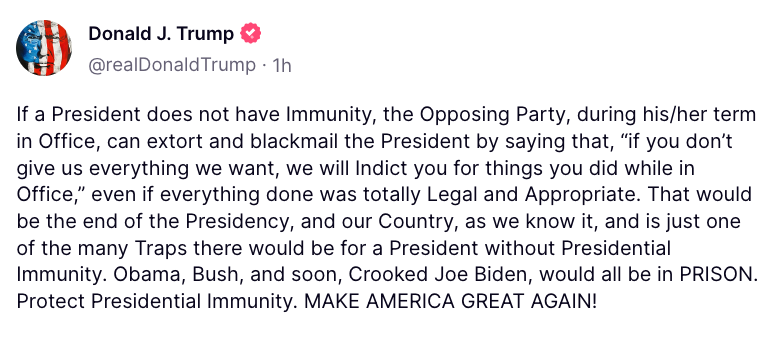 Can we stop for a moment and appreciate how far this country has fallen?

We have a former President, who is in line to become the GOP nominee for president for a third time, repeatedly arguing that if SCOTUS doesn't rule he has dictator like immunity, then it means the 'end of