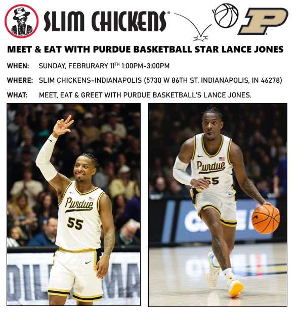 HEY INDIANAPOLIS PURDUE FANS-Who loves @BoilerBall and CHICKENN 🍗🏀🙋‍♂️?? Come see me 📆 this Sunday, Feb 11th at Slim Chickens in Indianapolis from 1-3PM. Bring items for autographs ✍🏽 Boiler Up!! 🚂