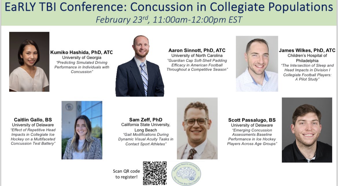 You won’t want to miss these fantastic presentations in the Collegiate Concussion session of our upcoming conference! 

Registration is FREE and can be done at the QR code below or earlytbi.com 

<a href="/AaronSinnottATC/">Aaron Sinnott, PhD ATC</a> @sam_zeff <a href="/CaitlinGallo1/">Caitlin Gallo</a> <a href="/UGAconcussion/">UGAconcussion</a>