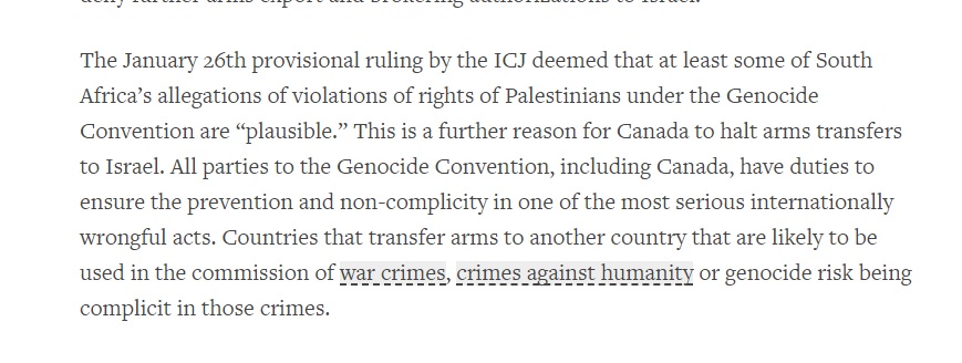 New letter by <a href="/hrw/">Human Rights Watch</a> &amp; other NGOs call on Canada to suspend arms to Israel: "Countries that transfer arms to another country that are likely to be used in the commission of war crimes, crimes against humanity or genocide risk being complicit in those crimes" hrw.org/news/2024/02/0…