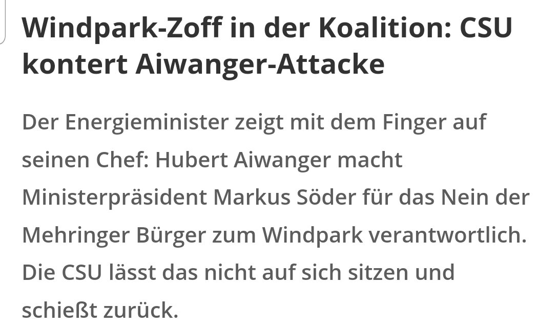 Markus #Söder hat sich auf die #FreieWähler als einzigen möglichen Koalitionspartner festgelegt. Jetzt hat er den Salat.

1.000 Windräder hat der @CSU-Ministerpräsident versprochen, doch Herr #Aiwanger hat kein großes Interesse zu liefern.
Jetzt entbrennt der Streit an #Mohring.