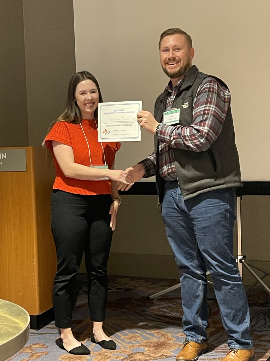 RuSushan's tweet photo. Congratulations to Savannah Busby for winning the 1st place of the Southern Fruit Workers 3-Minute Thesis Competition. Well done!  @SavBusby #SRASHS https://t.co/LFGl34fLYc