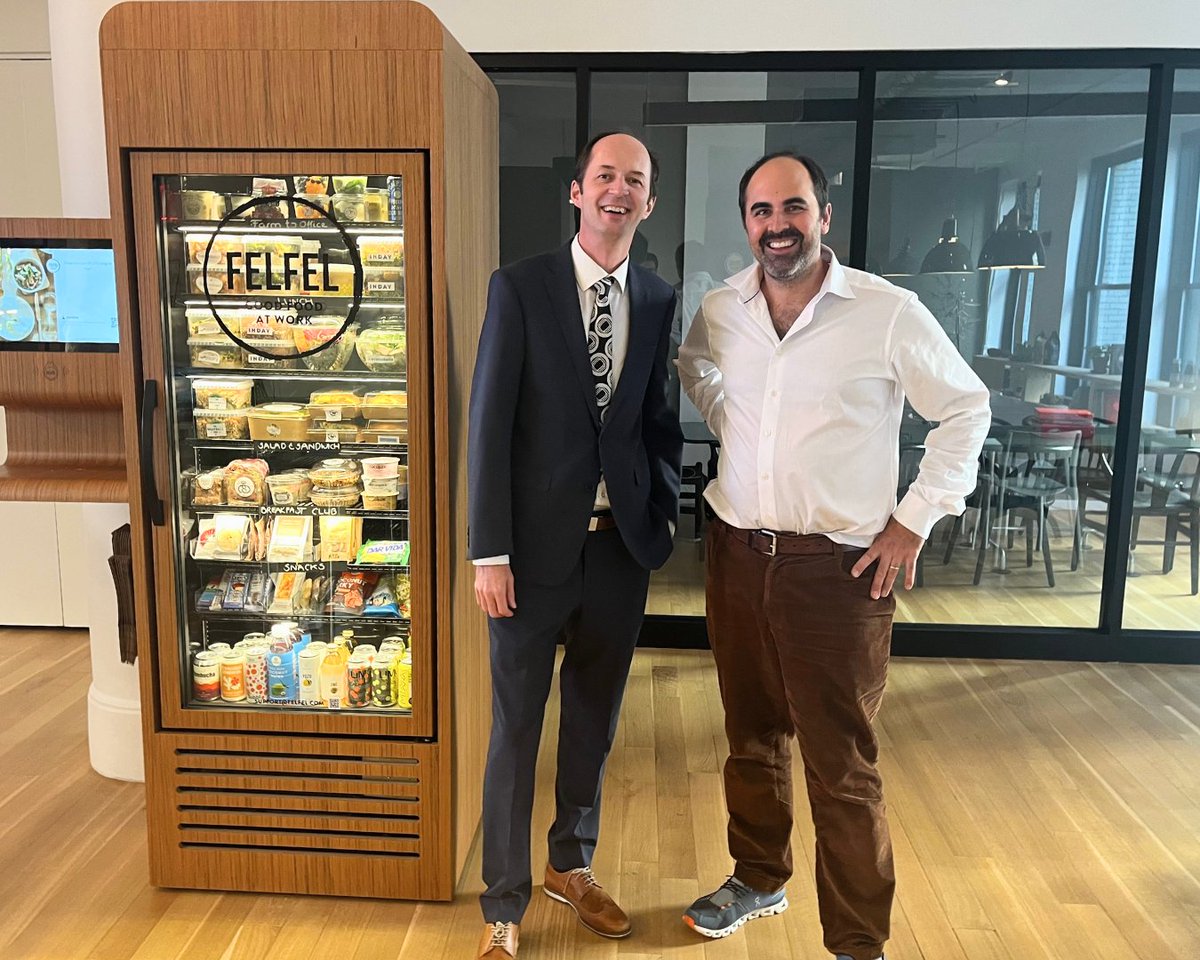 SwissCGNY's tweet photo. Swiss startup #FELFEL expands to the US! CG, Amb. Niculin Jäger & Head of Economics Joachim Tomaschett, visited co-founder Emanuel Steiner in NY. Intelligent fridges redefine workplace catering with 24/7 healthy meals—a true #food revolution! Thanks, FELFEL, for the warm welcome! https://t.co/jFuEheZzBg
