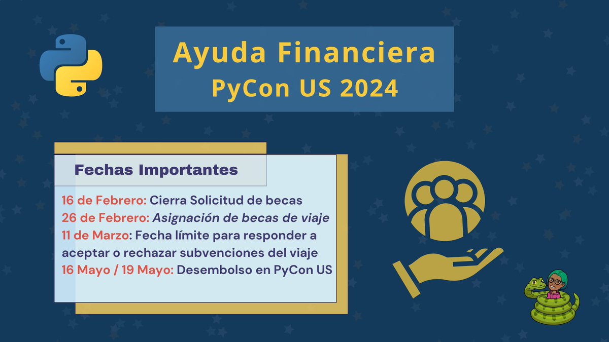 dennyperez18's tweet image. 📢¿Te interesa asistir a @pycon pero no conoces los costos de viaje?
¡Considera aplicar para un soporte financiero para #PyConUS24!🐍 
No pierdas la oportunidad de asistir al evento mundial de #Python. 🚀

👉 us.pycon.org/2024/attend/tr…

🛑Solicitudes hasta el 16 de Febrero.

#PSF