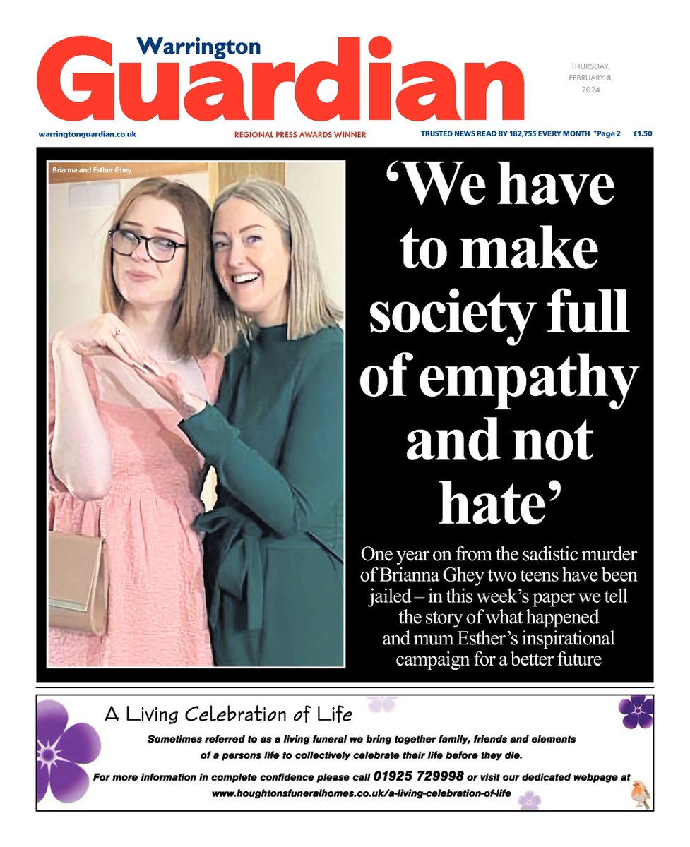 Front page of this week's @WarringtonNews📰 'We have to make society full of empathy and not hate' #BriannaGhey #TomorrowsPapersToday #Warrington #WarringtonNews #WarringtonGuardian #Newsquest #LocalNews #BuyAPaper #LocalNewsMatters