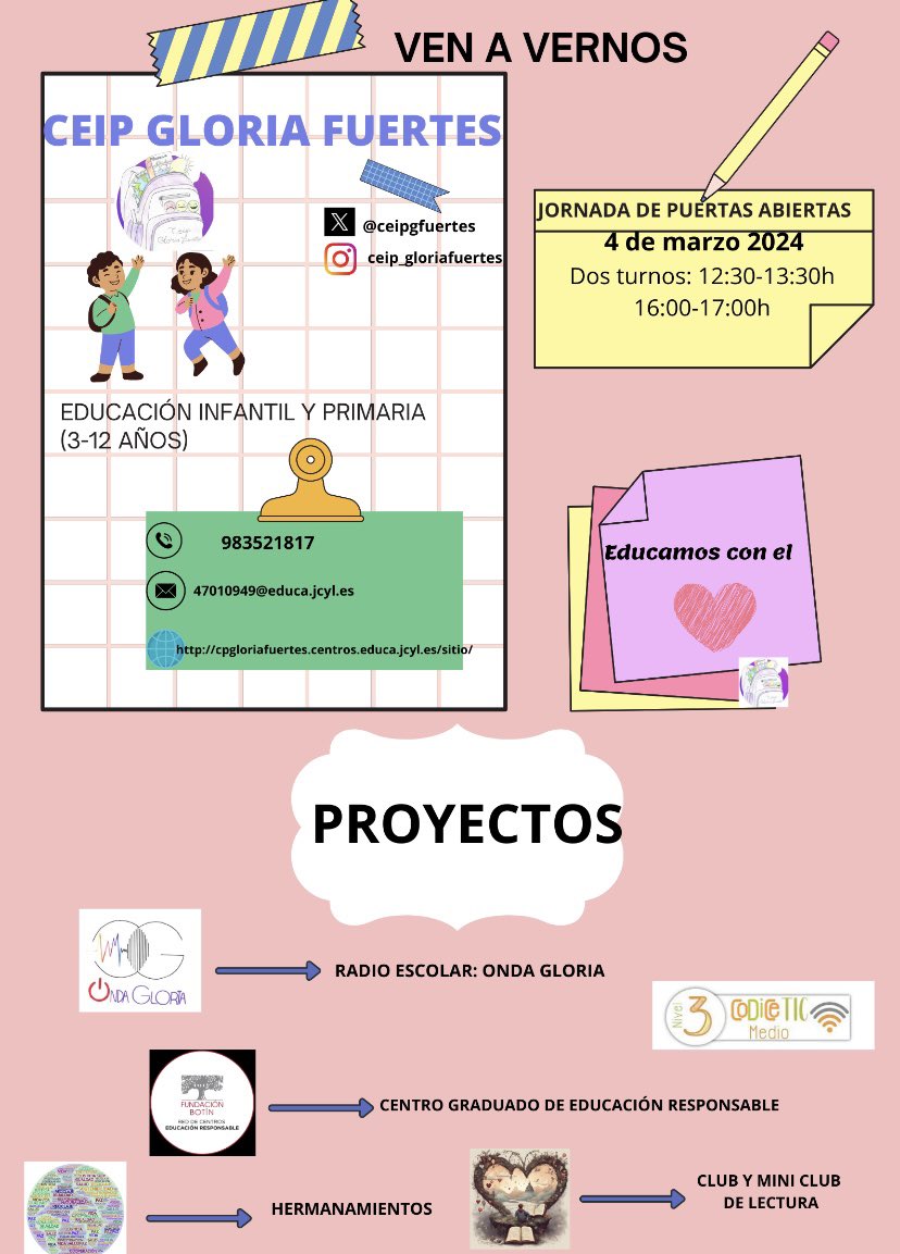 ceipgfuertes's tweet photo. JORNADA DE PUERTAS ABIERTAS EN EL CEIP GLORIA FUERTES👏👏👏VEN A VERNOS!!!!!!!! 4 de MARZO. #tudeladeduerovalladolid @ceipgfuertes https://t.co/JWtnpzzK0v
