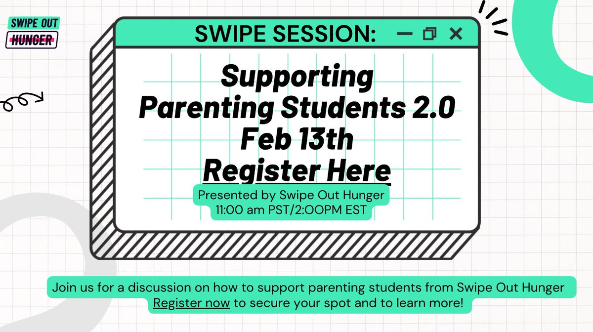 Our very own @BDMWilliams and @_YoslinAmaya will be panelists on next week’s Swipe Session to discuss #StudentParents at the intersection of food insecurity. @SwipeHunger’s monthly webinars explore the higher education basic needs movement. Register: us02web.zoom.us/meeting/regist…