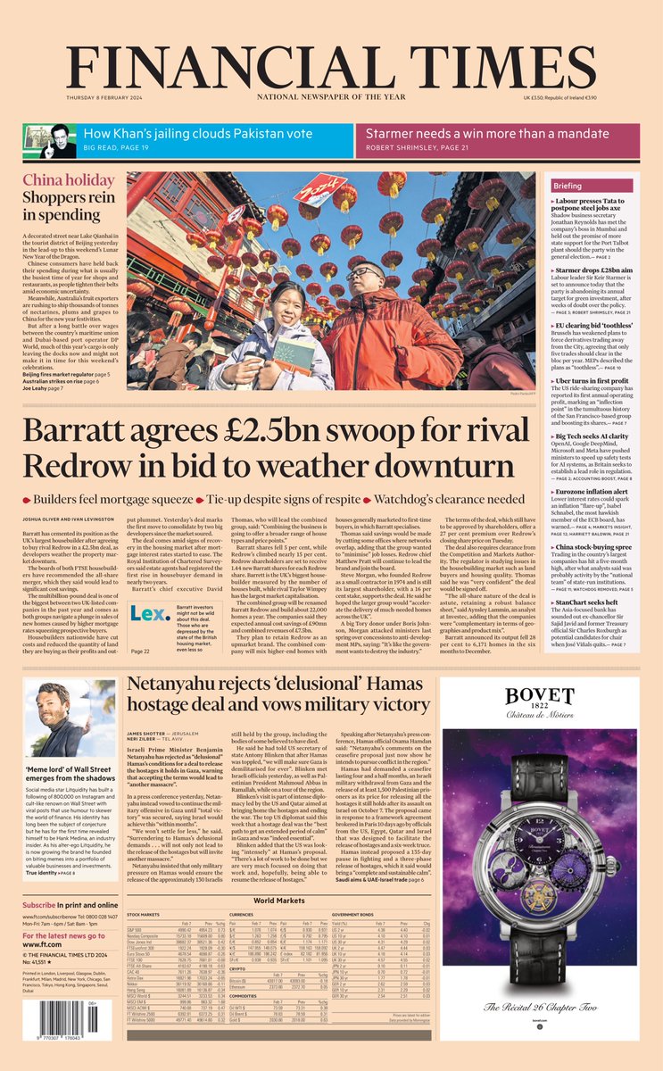 Thursday's FINANCIAL TIMES: Barratt agrees £2.5bn swoop for rival Redrow in bid to weather downturn
#tomorrowspaperstoday