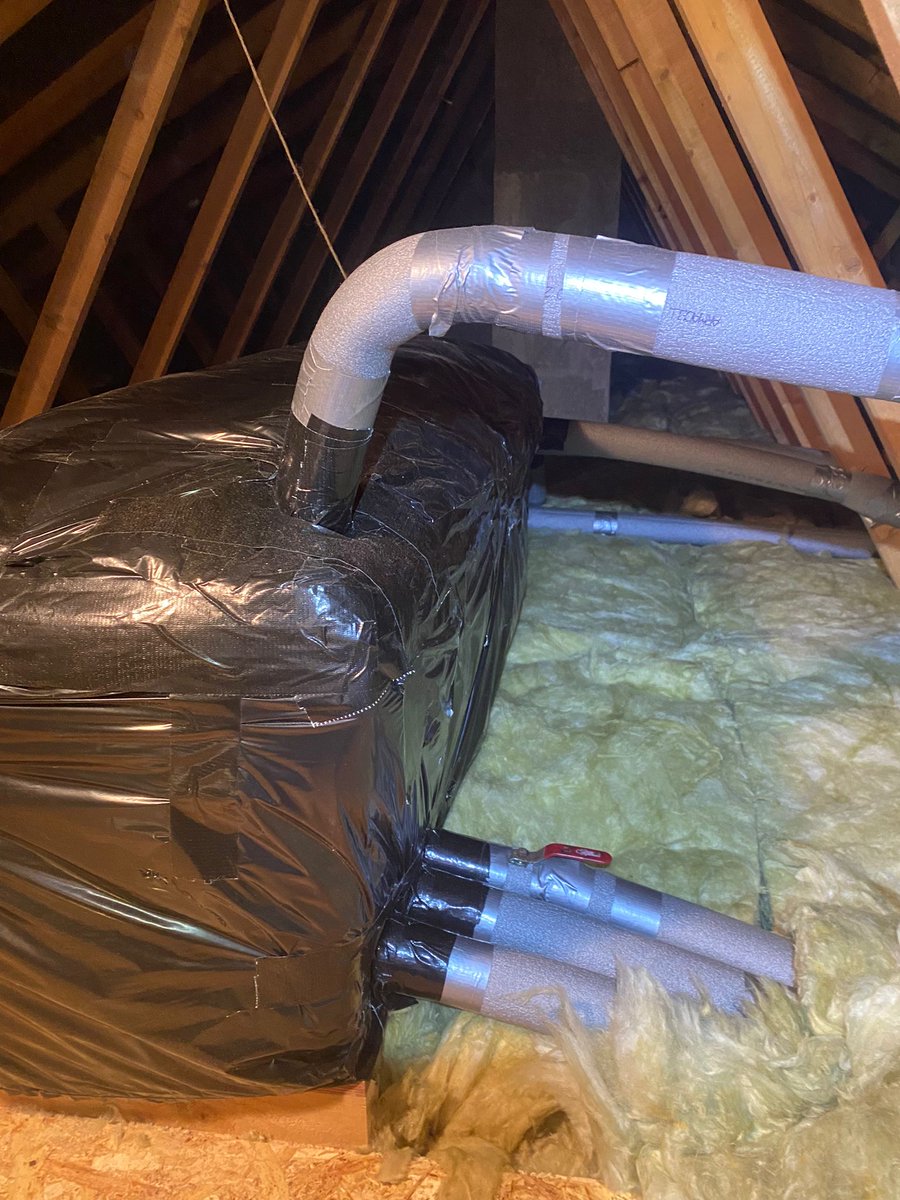 Part 2 of work recently completed on Cape Clear Island. Cavity walls were pumped and the attic was rolled with fibreglass.
All tanks and pipes were lagged and wrapped as standard on all our jobs. Wall and roof vents were also added to ensure ventilation is maintained.