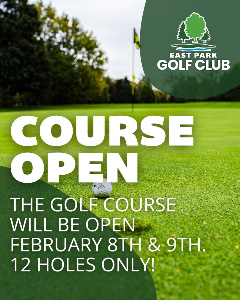 🚨Golf course announcement 🚨

The front 9, including holes 10, 11, and 18, will be open on Thursday, February 8th, and Friday, February 9th, from 10:00 AM until DUSK!

Special pricing - $33.00 in advance or $35.00 at the course! 

⛳️ - eastparklondon.com/golf/book-tee-…