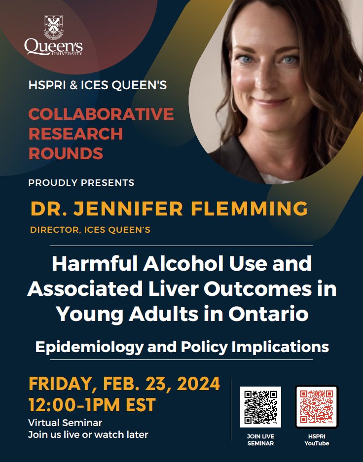 Join us Friday, February 23 @ 12PM EST for a timely discussion on liver outcomes associated with harmful use of alcohol among adolescents and young adults in Ontario 🍷🍺 Scan QR code below to join live or watch later via YouTube <a href="/QueensUHealth/">Queen's Health Sciences</a> <a href="/queensuResearch/">Research@Queen's University</a>  <a href="/ICESOntario/">ICES</a>