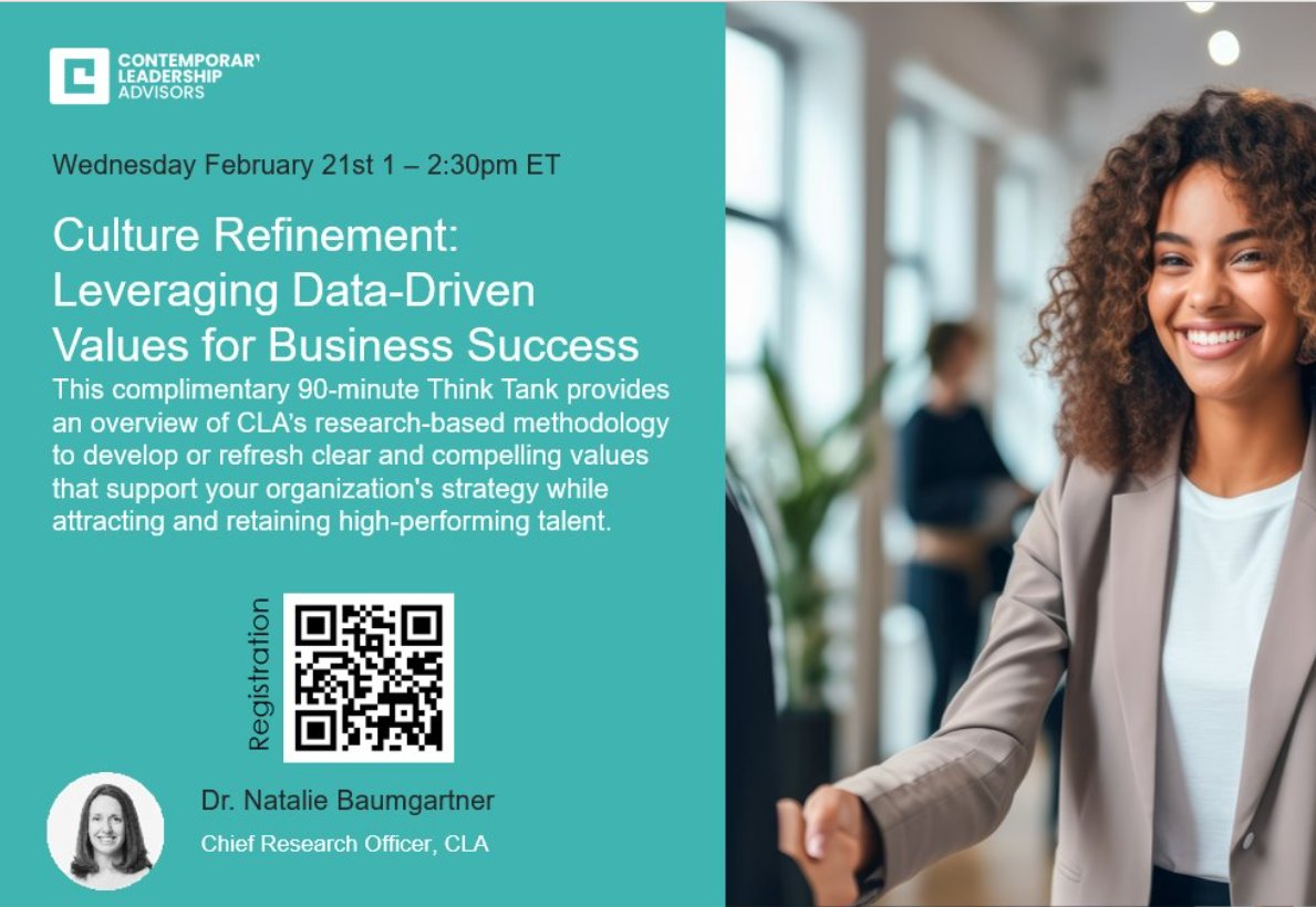Calling leaders and change-makers! Join me on 2/21 at 1-2:30pm ET for a 90-min Think Tank "Culture Refinement: Leveraging Data-Driven Values for Business Success.” Come unlock the secret to attracting and retaining high-performing talent. Register here: tiny.cc/9og6wz