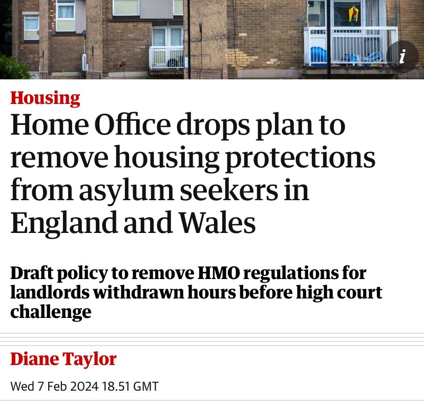 Finally something to cheer. Government forced to back down from removing standards from ‘accommodation’ provided to people in the asylum system. This would’ve enabled privateers to make even more money &amp; worsen the already chronic conditions. 

theguardian.com/society/2024/f…