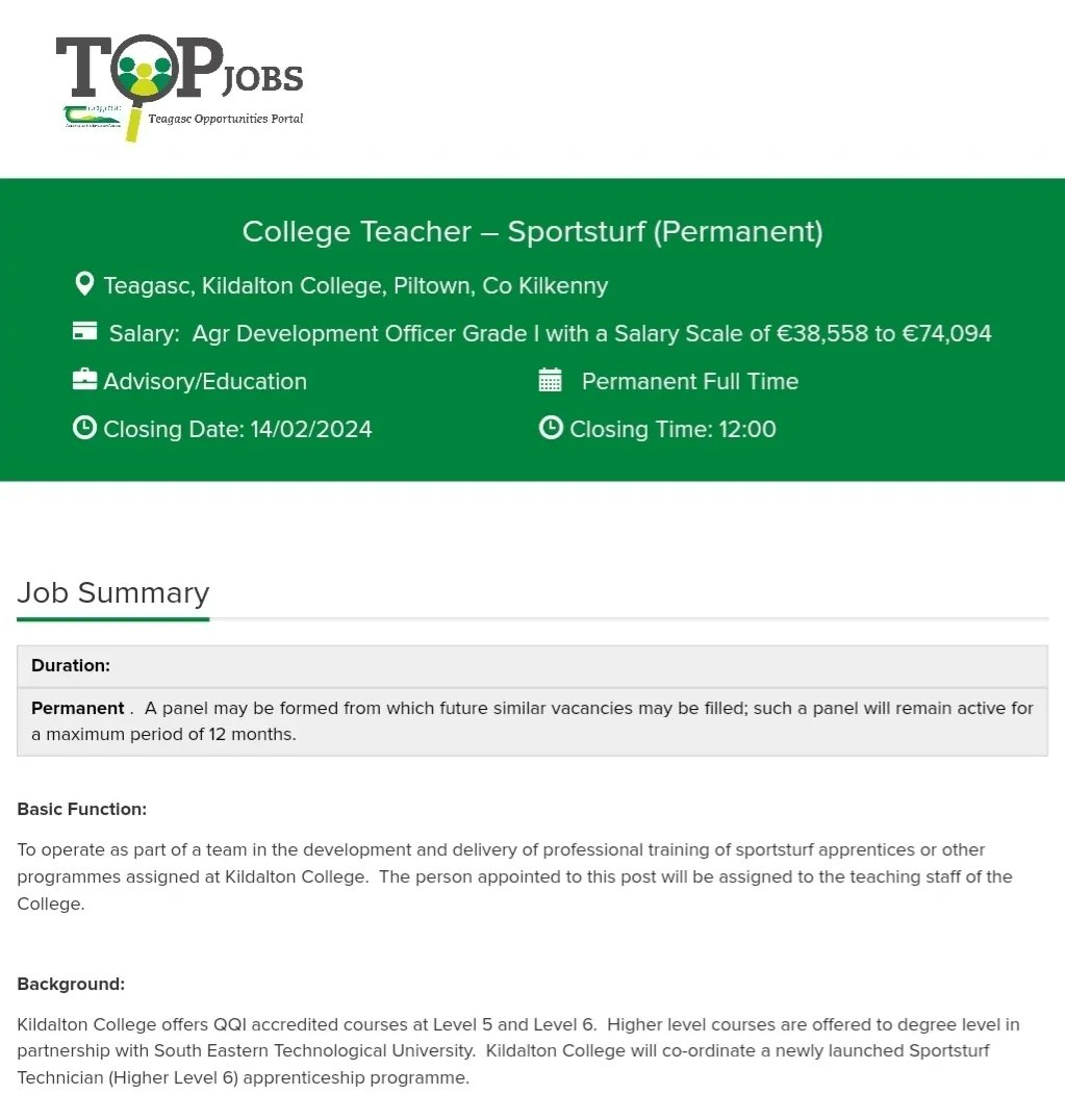 Teagasc are looking for a full time sportsturf college teacher. Full details and how to apply: topjobs-teagasc.thehirelab.com/LiveJobs/JobAp…