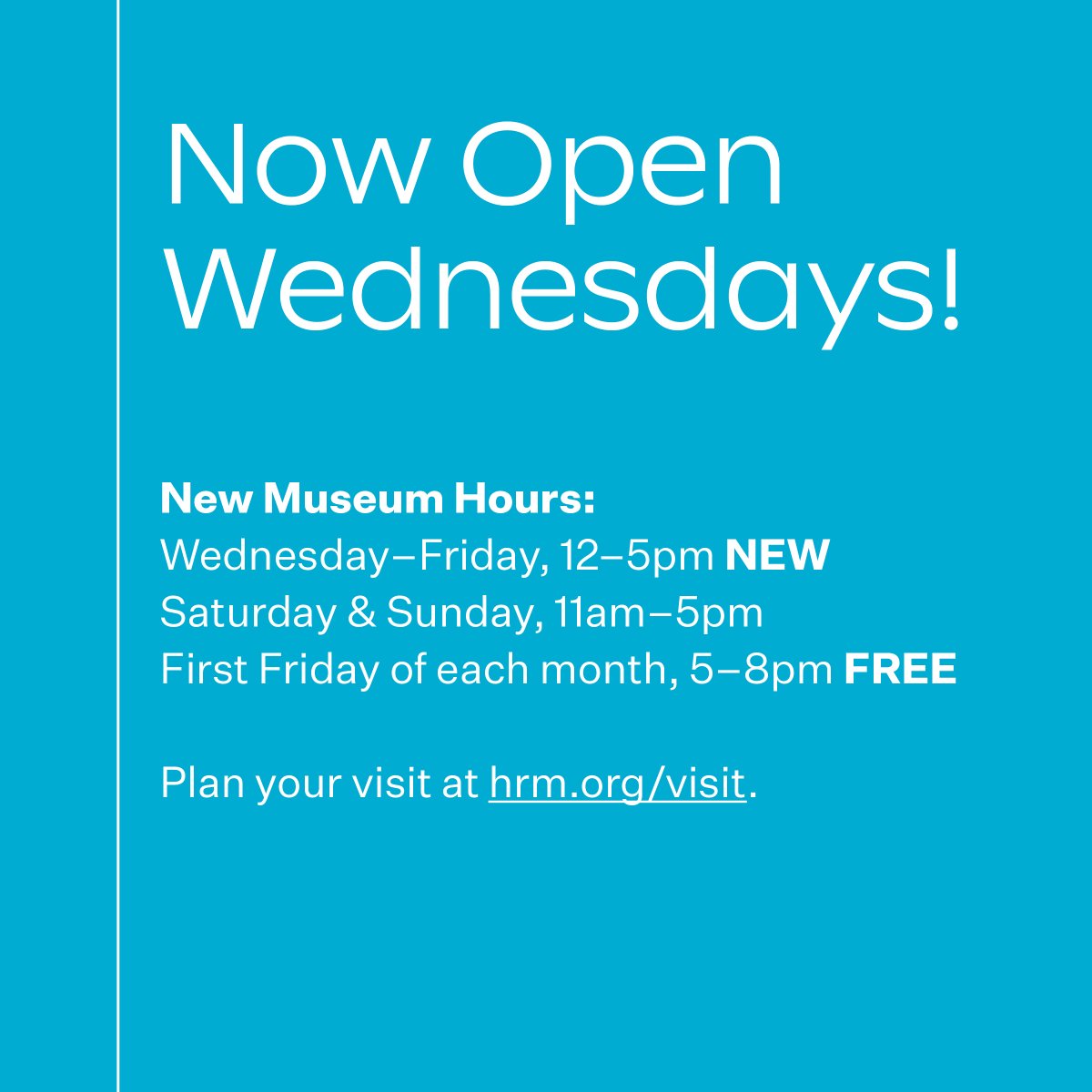 Don’t forget—we’re now open on Wednesdays! 

New Museum Hours: Wednesday-Friday 12–5pm, Saturday &amp; Sunday, 11am–5pm. We can’t wait to see you.

Learn more at hrm.org/visit

#NewHours #ExtendedHours #Yonkers #Westchester #HRMFamilies #HudsonRiverMuseum