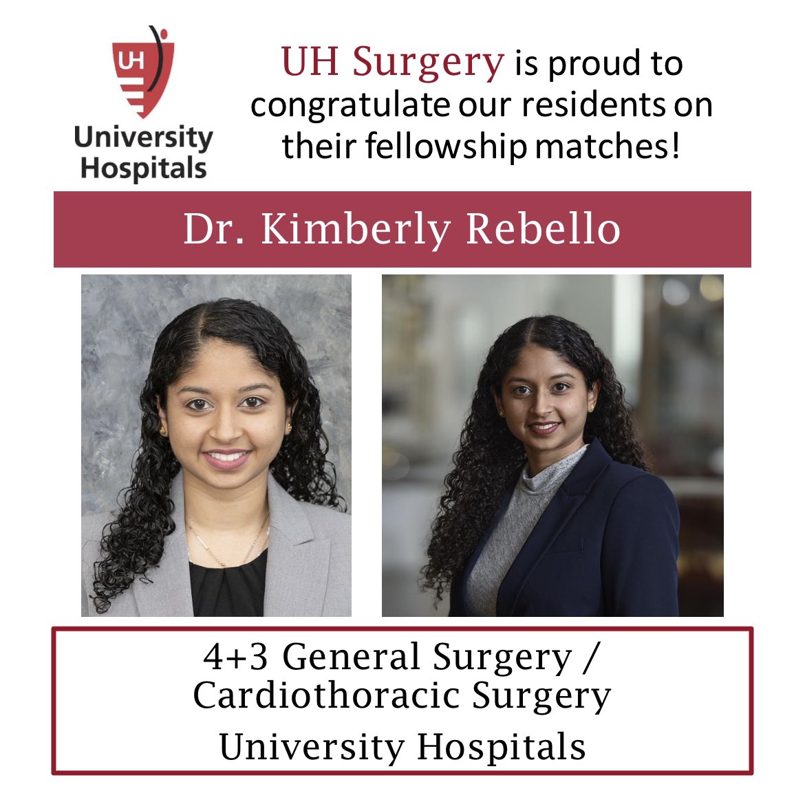 Congratulations to PGY3 @KRRebello on her match into our 4+3 CT fellowship @UHCTSurgery ! We can’t wait to watch you become an incredible cardiac surgeon!