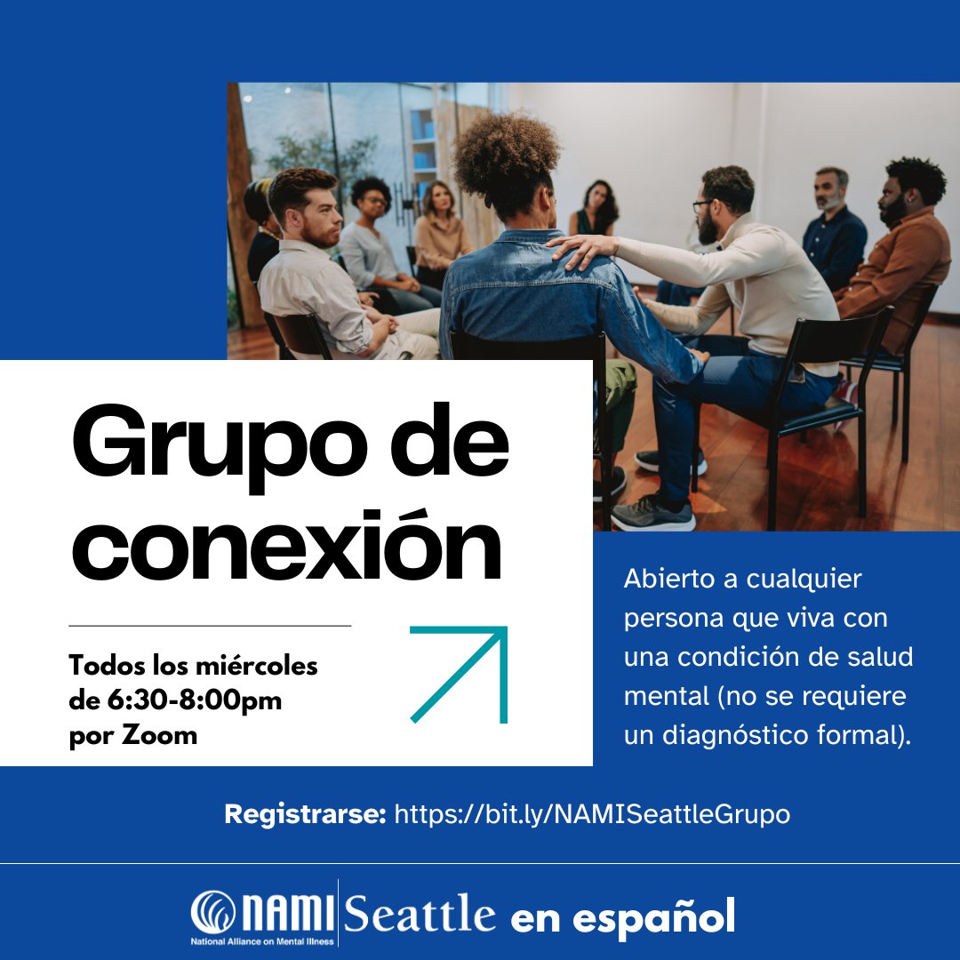 Este grupo es para personas que viven con una condición de salud mental (no se requiere un diagnóstico formal). El grupo será en español. Los facilitadores son colegas que comparten estas experiencias. Regístrate: bit.ly/NAMISeattleGru…
