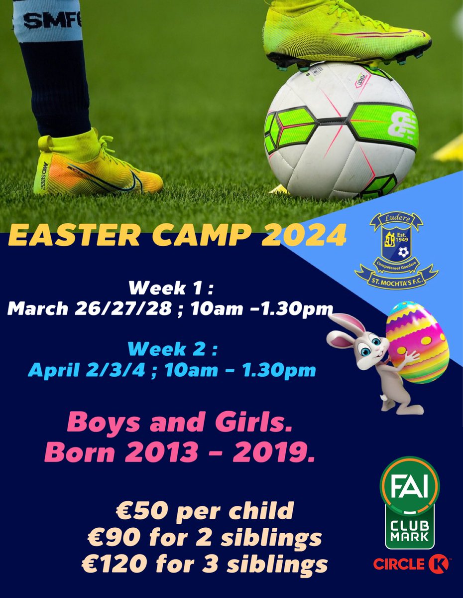 Easter Camps 2024 ⚽️🐣 

🧑🏻‍💻Online booking is now live. 

Week 1 👉🏻 stmochtasfc.clubzap.com/products/16759…

Week 2 👉🏻 stmochtasfc.clubzap.com/products/16762… 

Please book early to avoid disappointment.