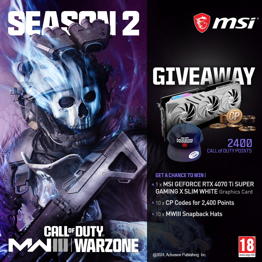 MSI__UK's tweet image. 🎉💀 Celebrate The Launch of The Latest Call of Duty Season 2 With MSI! 💀🎉 @CallofDutyUK 
We are giving away

1x  MSI GeForce RTX 4070 Ti SUPER 16G GAMING X SLIM WHITE
10x CP Codes for 2,400
10x MWIII Snapback Hats

For a chance to win just click 👉gleam.io/BaI1o/msi-give…