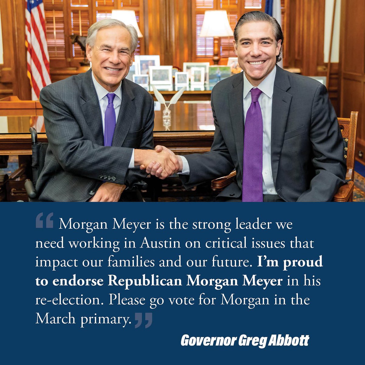 Honored to have the endorsement from @GovAbbott! Look forward to continuing to work for a stronger, safer Texas.