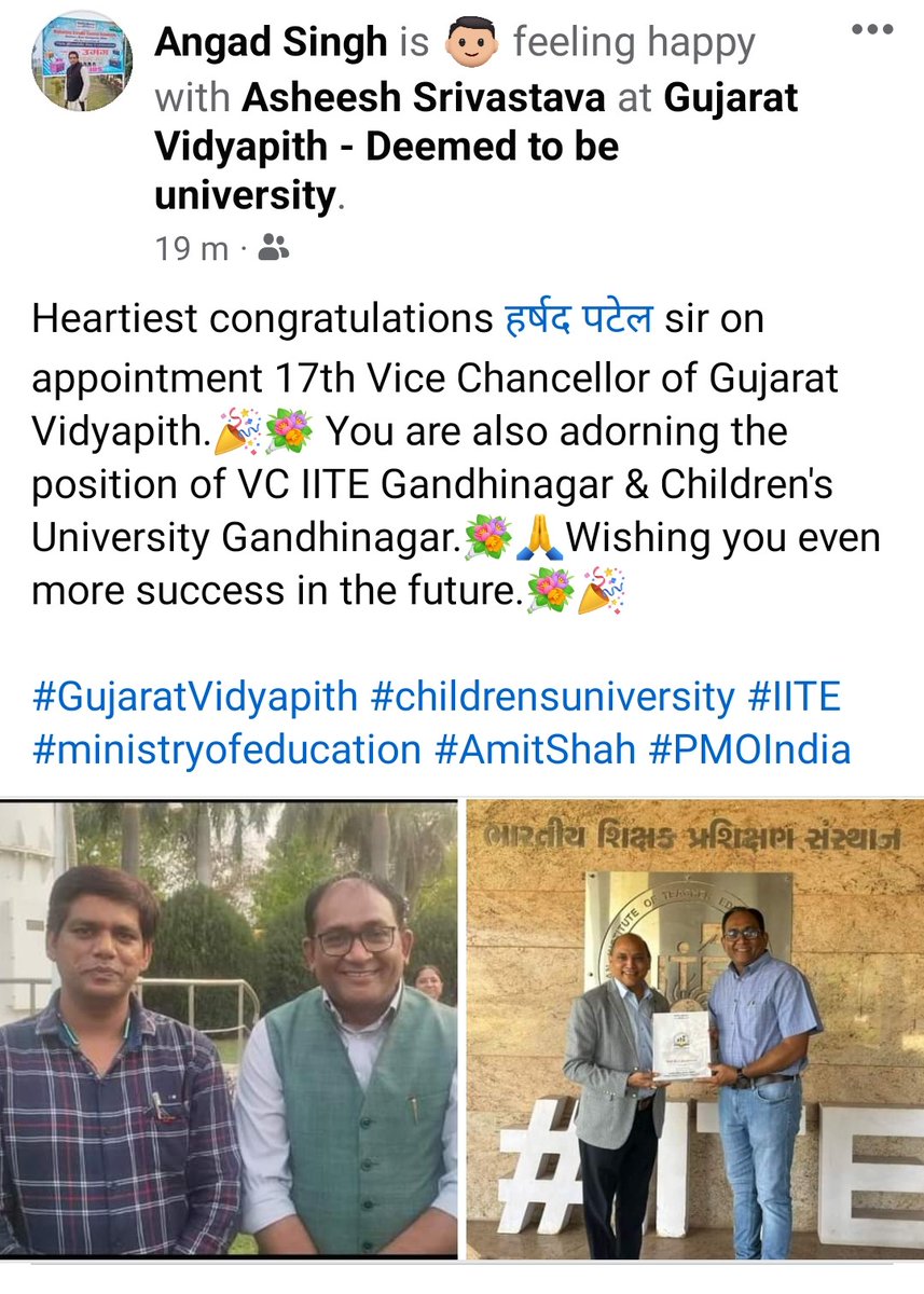 angad897's tweet image. Heartiest congratulations HVC @harshad5350 sir to appointment 17th VC of @gujvidyapith 💐🎉
@PMOIndia @dpradhanbjp @AmitShah @iitegandhinagar @crugandhinagar @MGCUBihar
@EduMinOfIndia @mishranitish @ncteDelhi @ncert @anshumantiwar10 @NAAC_India
@RakeshSinha01 @rpandey_Bravo