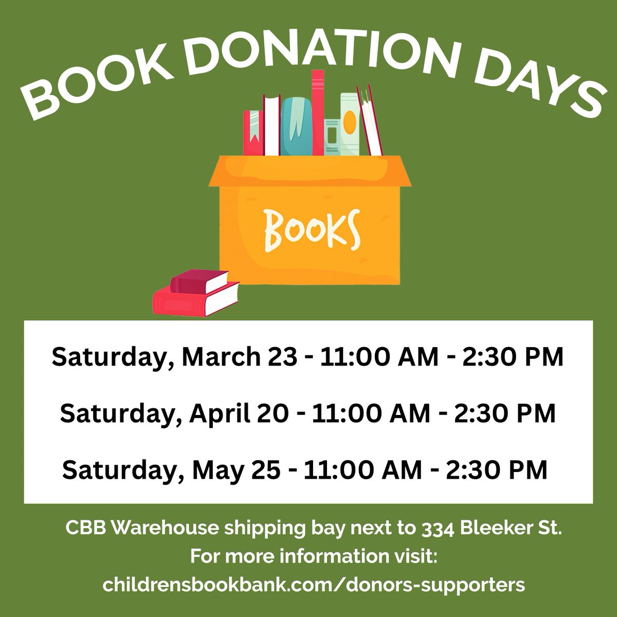 Mark your calendars for our up-coming book donation days! Thanks to you, we are able to provide free books to kids and families across the GTA.
#childrensbookbank #BooksForKids #TorontoCharity #TorontoCommunity  #TorontoKids #KidsTO #TorontoEvents #TorontoBooks  #bookdonation