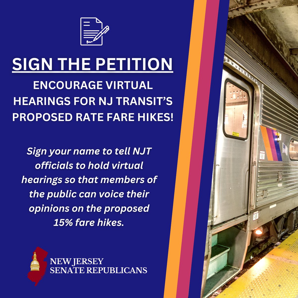 NJSenateGOP's tweet photo. NJ Transit has scheduled in-person hearings on their outrageous 15% fare hike proposal but are not offering virtual options for commuters to attend‼️

📋Make your voice heard by signing this petition to ensure everyone has the opportunity to participate: https://t.co/U73IsGB81k https://t.co/PN14ewrp8C