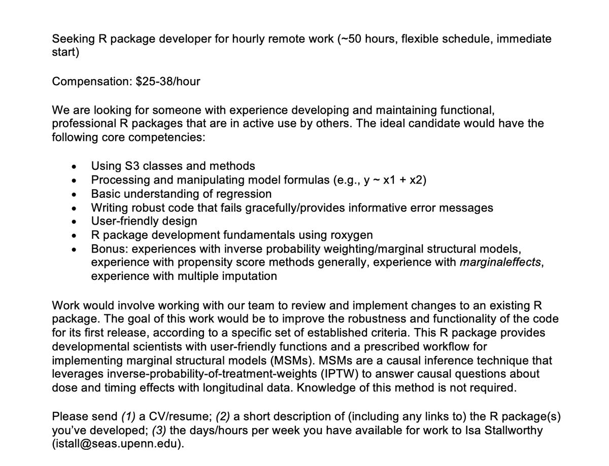 🚨Have you developed a user-friendly R package that is in active use by others? We are hiring someone to help finalize an existing R package designed to help developmental scientists implement marginal structural models (knowledge of this method not required). Pls RT & share!