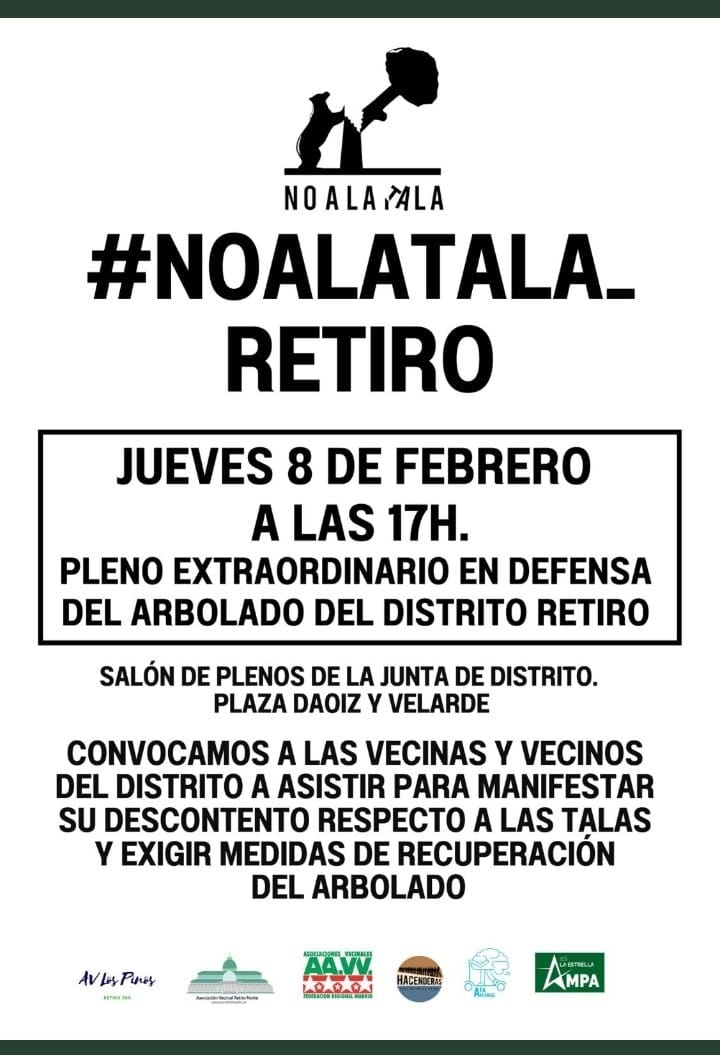 Las asociaciones del distrito de #Retiro nos convocan a acudir al salón de plenos de la <a href="/JMDretiro/">Distrito de Retiro</a> y decir:
#Noalatala
#NoalatalaRetiro
#MetroSIperoNOasi

Y que nos oiga la concejala-presidenta (que se llama Andrea Levy y es del <a href="/PP_Retiro/">PP Retiro 🇪🇸</a> ). Y que nos oiga también <a href="/VOX_Retiro/">VOX Retiro</a>