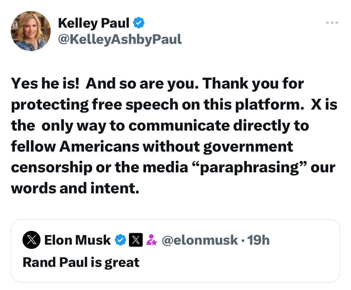 RandPaul's tweet photo. .@KelleyAshbyPaul and I appreciate the kind words and @x, @elonmusk! https://t.co/zJDjE5GVwk