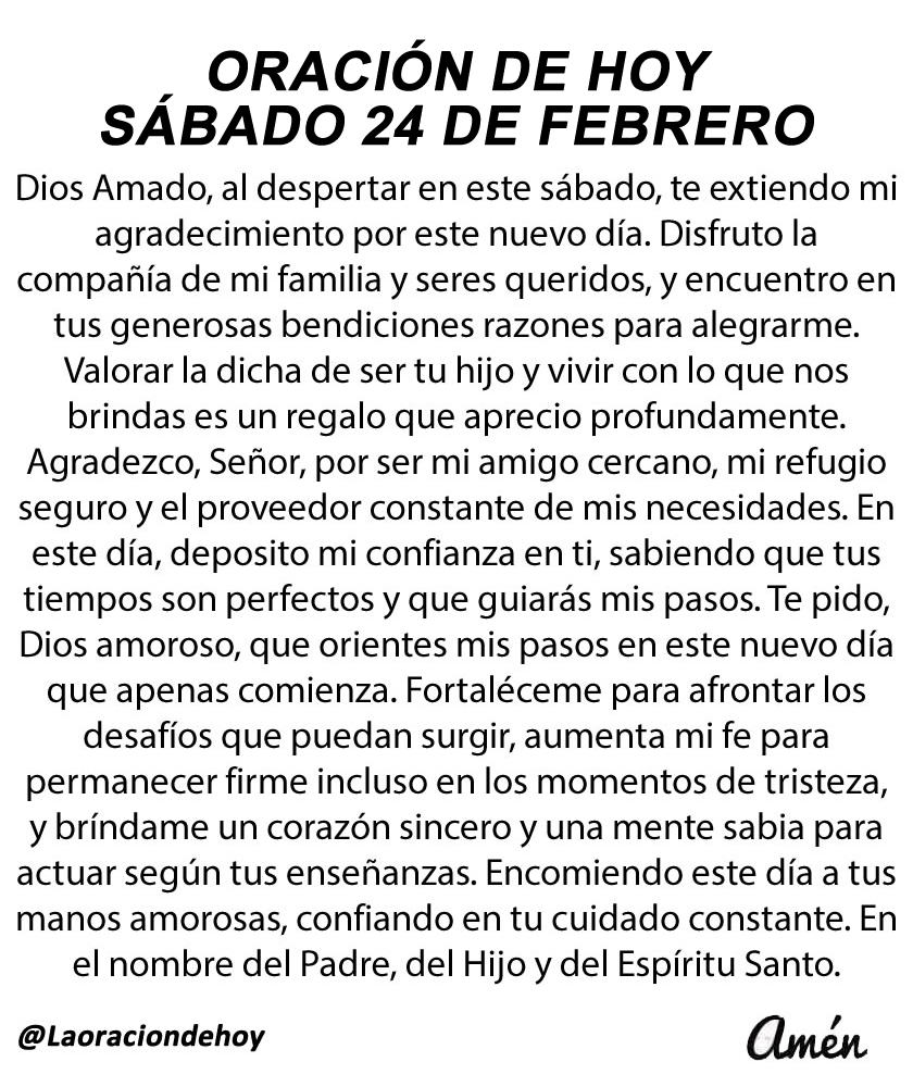laoraciondehoy's tweet photo. Oración diaria para hoy sábado 24 de febrero de 2024. https://t.co/Mpp6Jlb9OY
