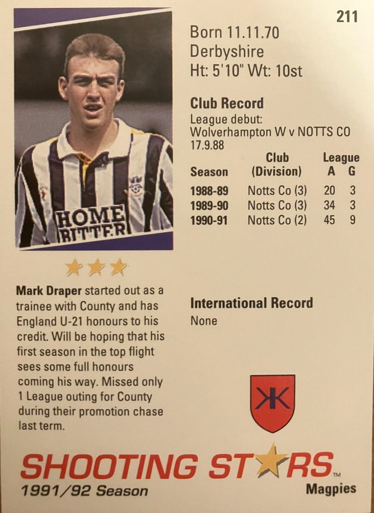 Mark Draper @Official_NCFC midfielder. Never managed the hoped for full honours. Had a good career playing 222 league games for County. Joined @LCFC in 94. Followed by 5 years @AVFCOfficial & an injury ravaged spell @SouthamptonFC. Retired in 2003.