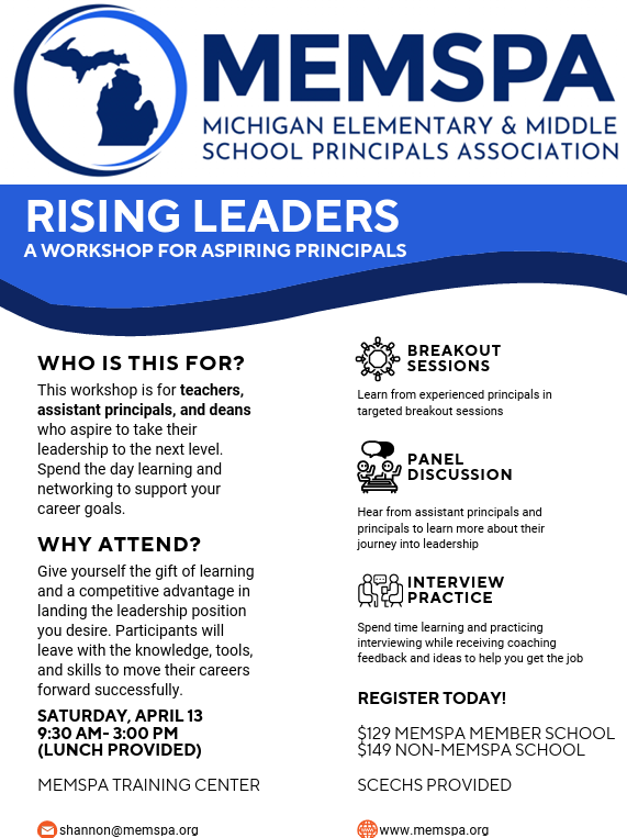 Back by popular demand! Do you know an Aspiring Principal? Join us as we partner with @DesignEduGroup on April 13th for Rising Leaders: A Workshop for Aspiring Principals! Follow the link to register today: memspa.org/events